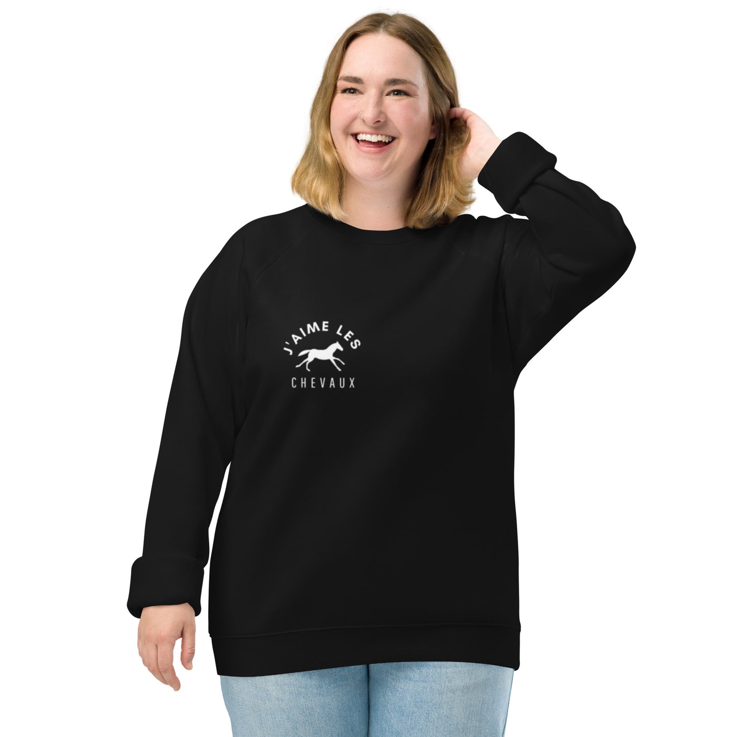 "I Love Horses" In French - Black Unisex Organic Crewneck Sweatshirt