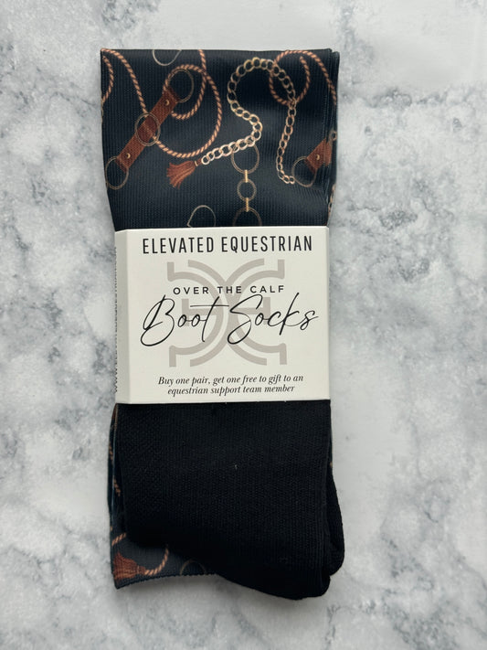 Black Elegant Bits Print Equestrian Over the Calf Boot Socks