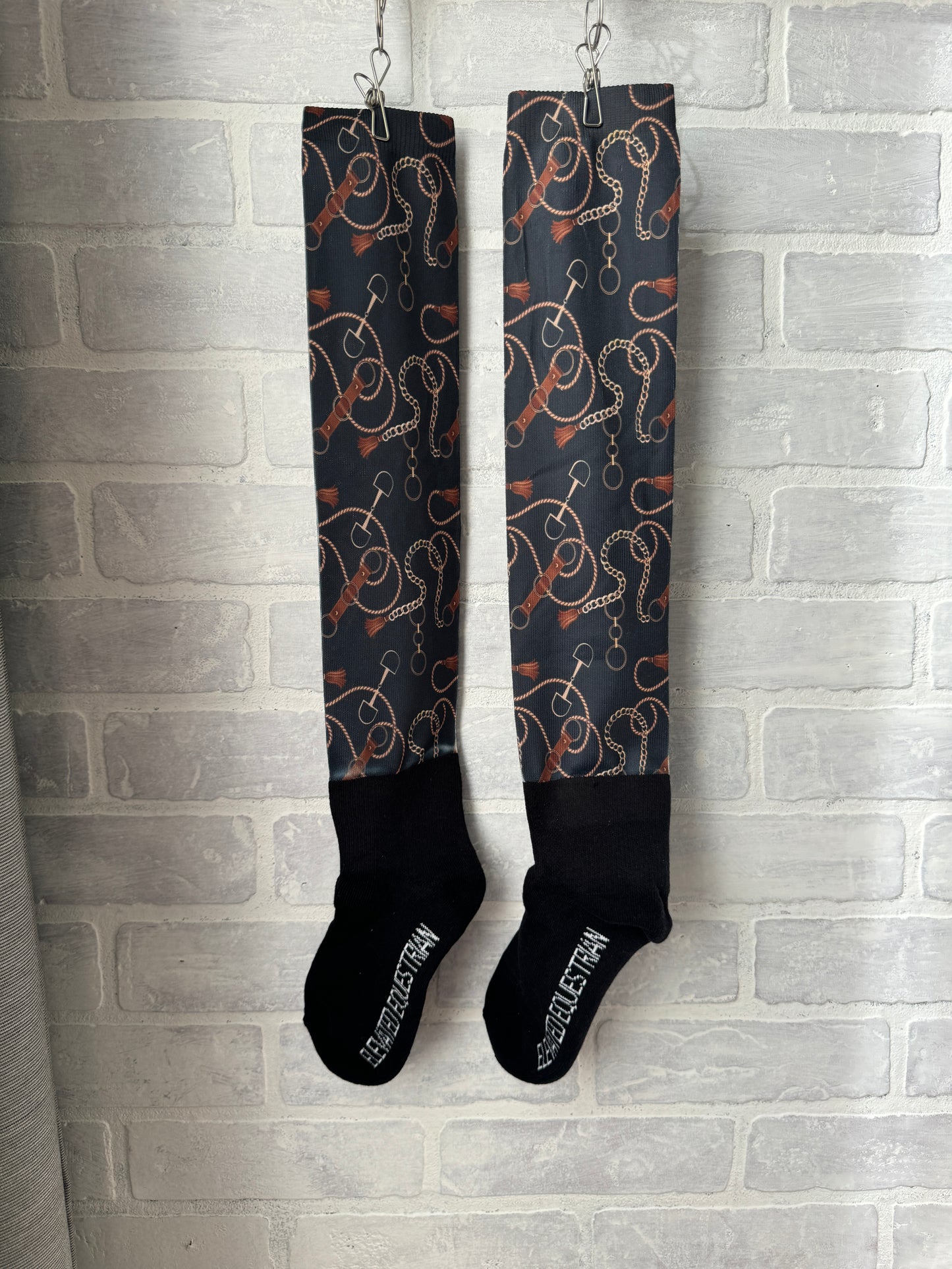 Black Elegant Bits Print Equestrian Over the Calf Boot Socks