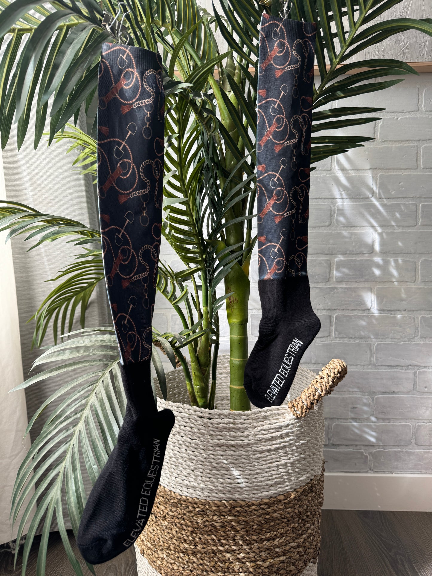 Black Elegant Bits Print Equestrian Over the Calf Boot Socks