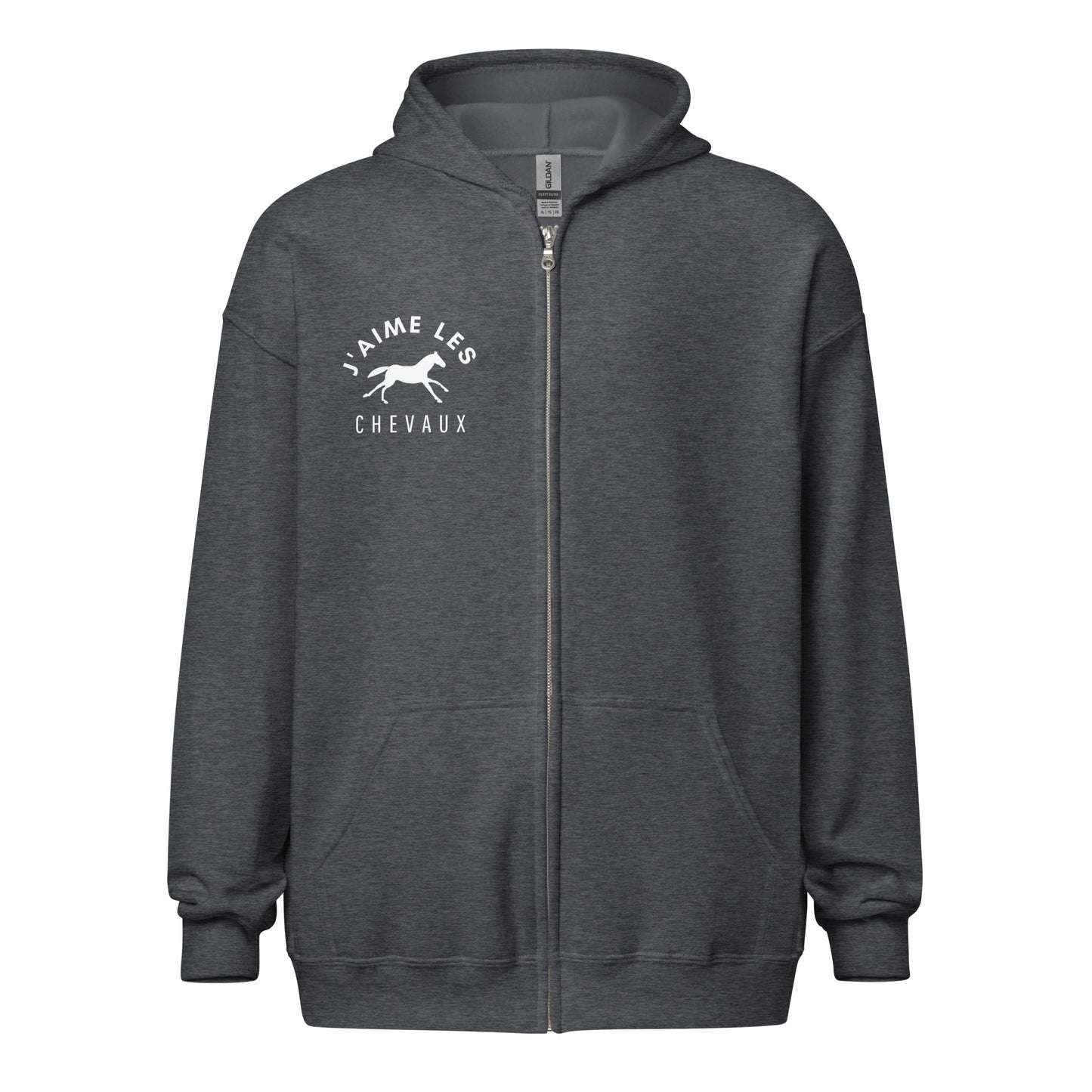 "I Love Horses" In French - Charcoal Grey Unisex Zip-up Hooded Sweatshirt