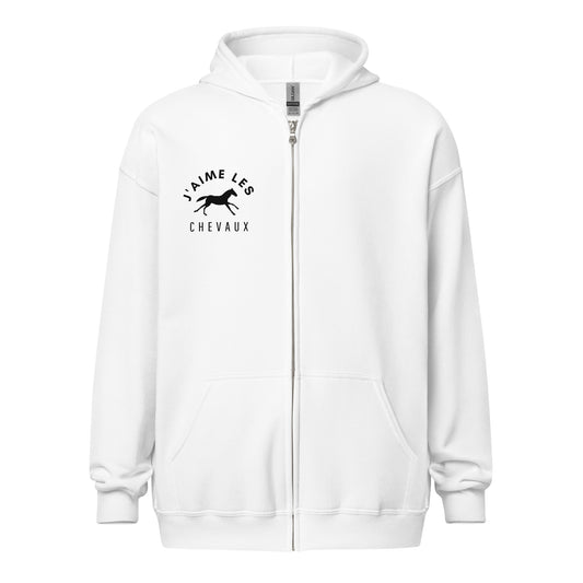 "I Love Horses" In French - White Unisex Zip-up Hooded Sweatshirt