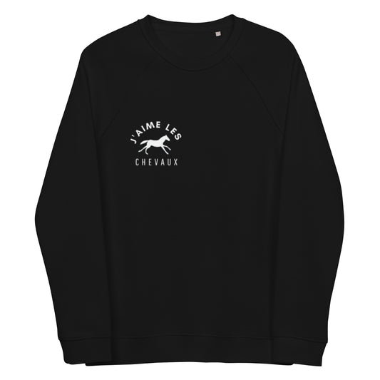 "I Love Horses" In French - Black Unisex Organic Crewneck Sweatshirt