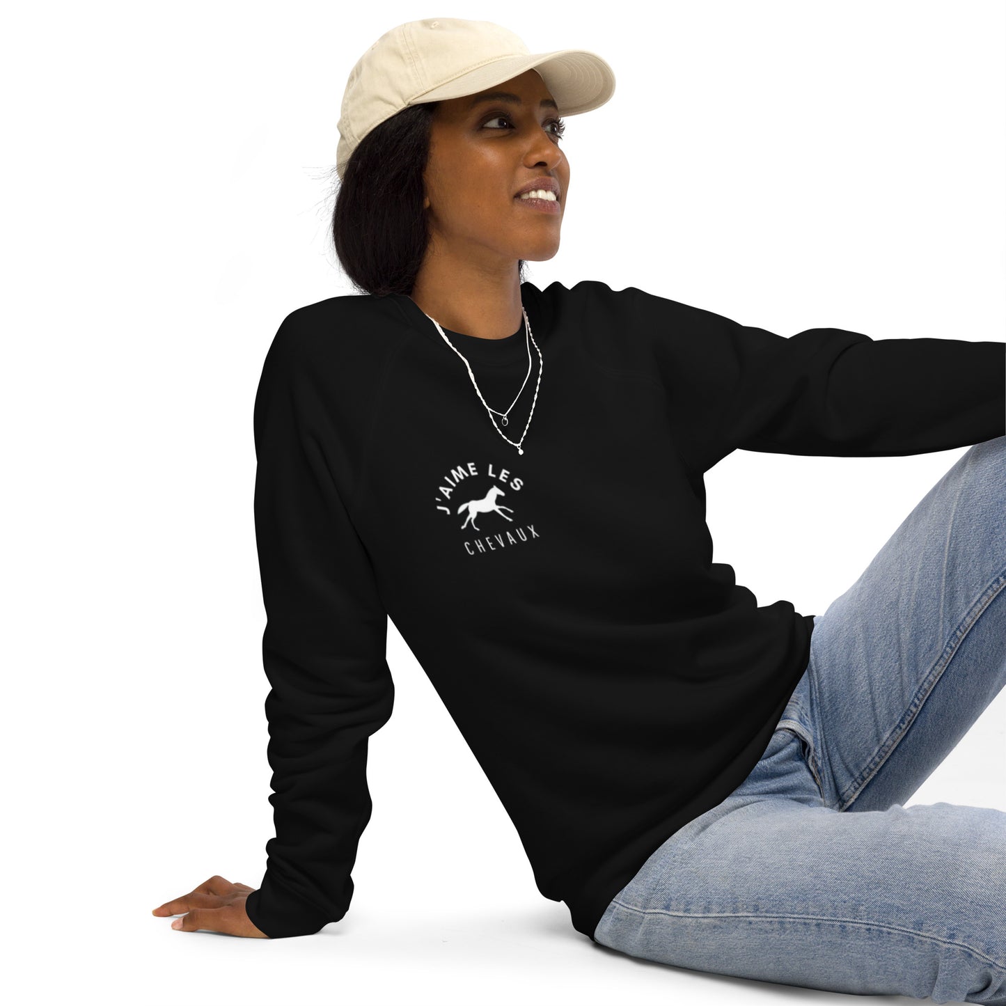 "I Love Horses" In French - Black Unisex Organic Crewneck Sweatshirt
