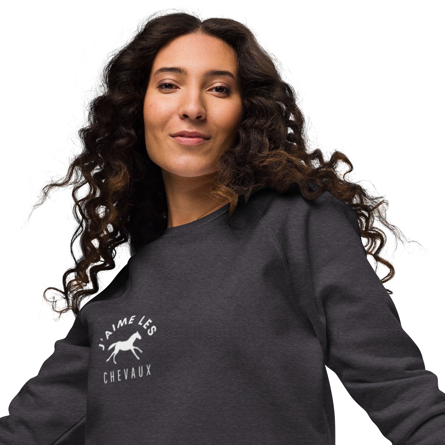 "I Love Horses" In French - Charcoal Grey Unisex Organic Crewneck Sweatshirt