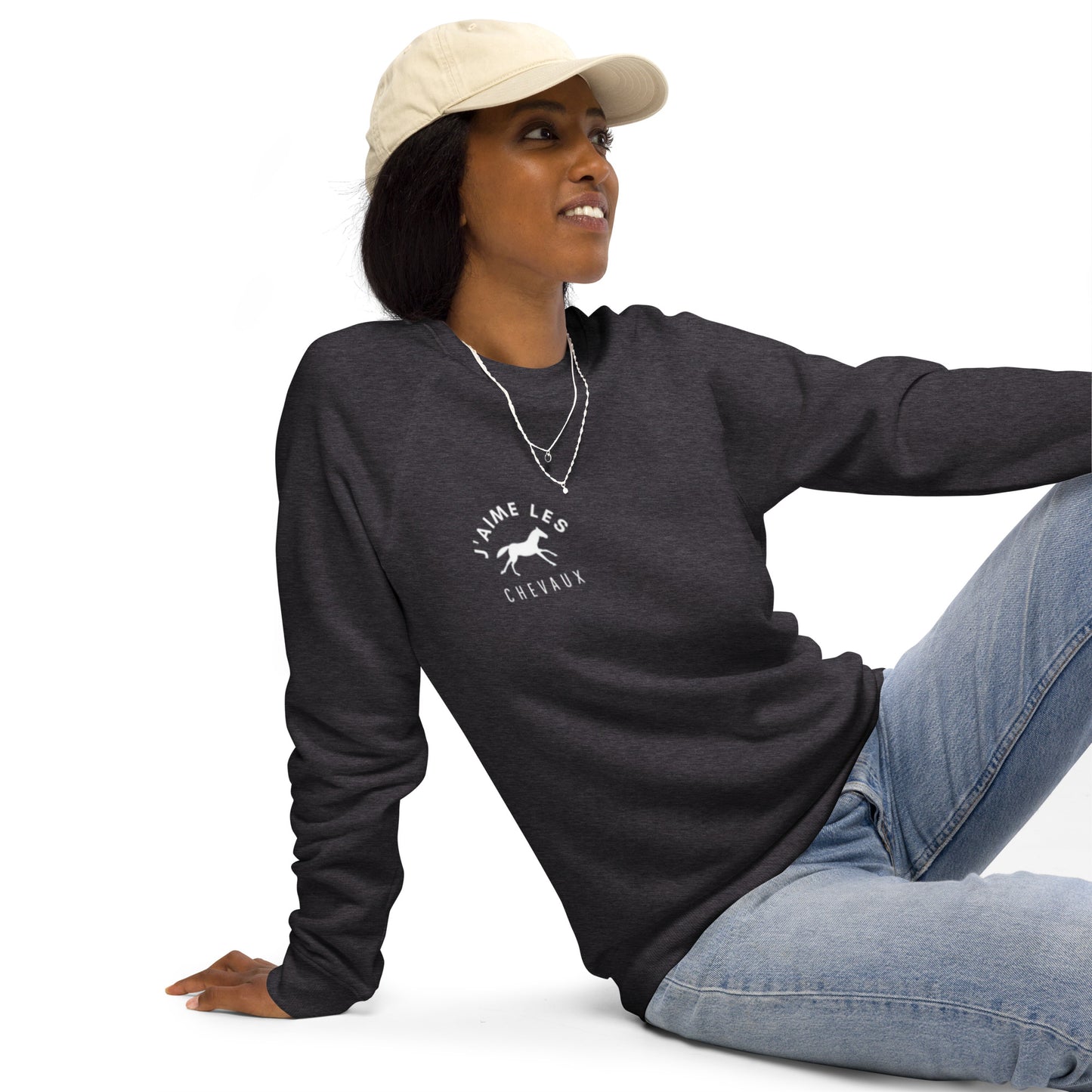 "I Love Horses" In French - Charcoal Grey Unisex Organic Crewneck Sweatshirt