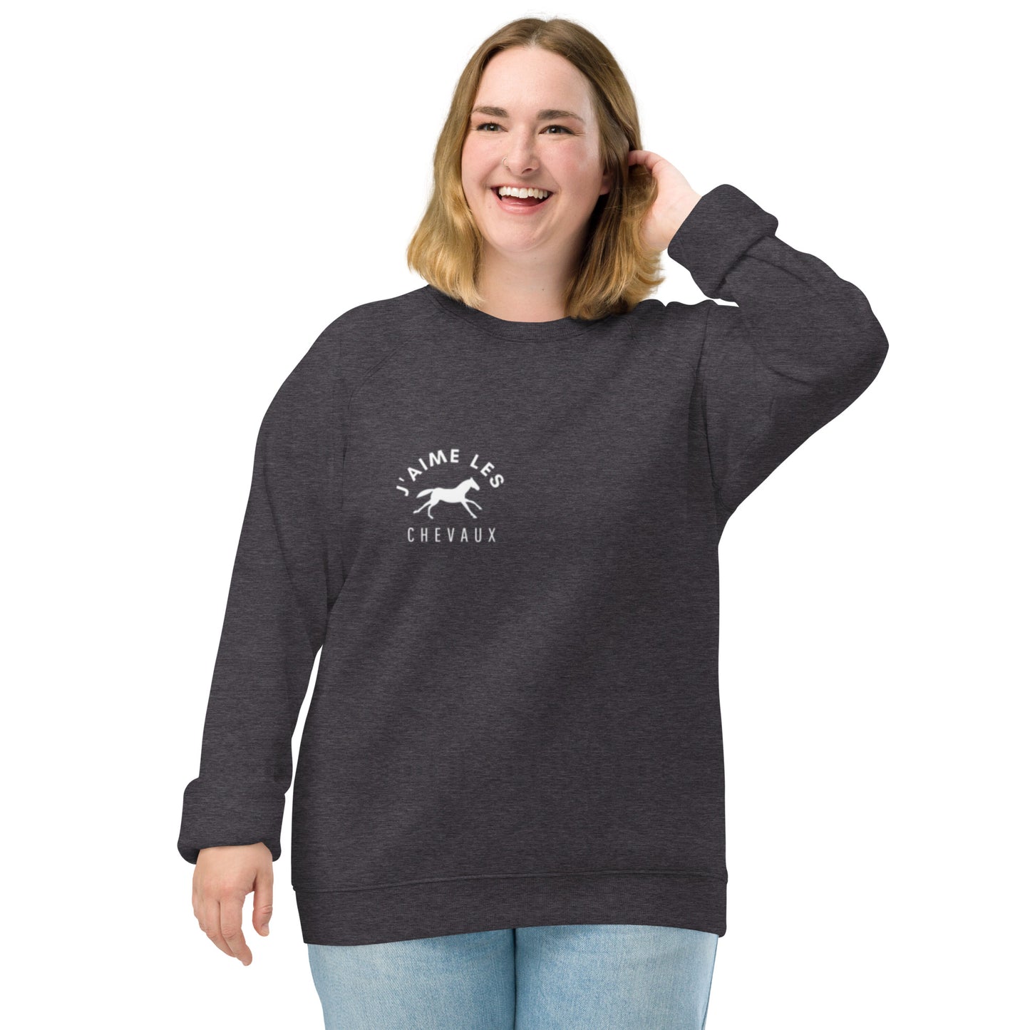 "I Love Horses" In French - Charcoal Grey Unisex Organic Crewneck Sweatshirt